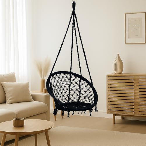 Patiofy Swing for Adults for Home/Swing for Adults/Jhula for Adults/Wooden Swing for Living Room/Swing for Balcony/Cotton Round Hammock Hanging Swing Chair Without Hanging Kit (Black) - Image 1