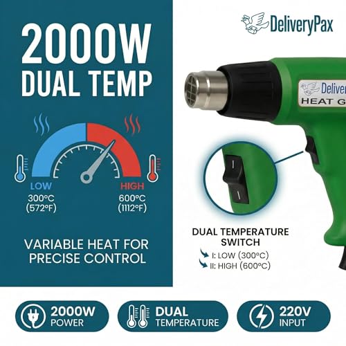 DELIVERYPAX 2000W Heat Gun with 20W Glue Gun & 5 Glue Sticks | Adjustable Temperature | Ideal for Industrial Use, Shrink Wrap, PVC, Paint Removal & DIY (Heat Gun + Glue Gun + Glue sticks) - Image 4
