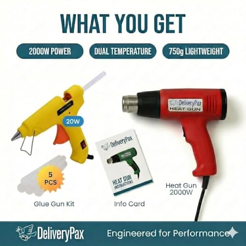 DELIVERYPAX 2000W Heat Gun with 20W Glue Gun & 5 Glue Sticks | Adjustable Temperature | Ideal for Industrial Use, Shrink Wrap, PVC, Paint Removal & DIY (Heat Gun + Glue Gun + Glue sticks) - Image 3