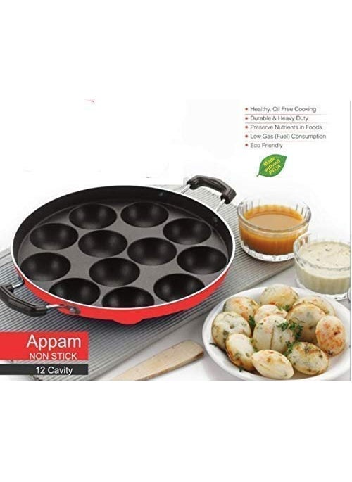 KD ZONE KD ZONE 12 Cavity Appam Patra Paddu Paniyarakkal Maker Chatty Paniyaram Pan Ponganal Baati Litti Baking Pot with Steel Lid Aluminium NonStick  - Image 3