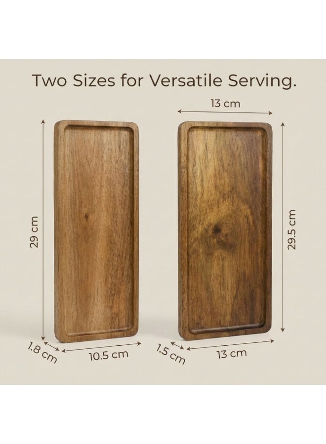 دائرة خضراء طقم من صينيتين تقديم من خشب الأكاسيا (صغيرة وكبيرة) - أطباق مستطيلة 29 × 10.5 و29.5 × 13 سم للقهوة العربية والتمر والمقبلات والجبن والمزة والحلويات، ديكور مطبخ خشبي - Image 2