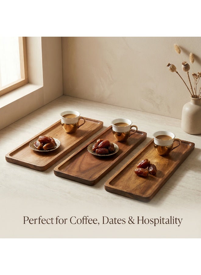 دائرة خضراء طقم من صينيتين تقديم من خشب الأكاسيا (صغيرة وكبيرة) - أطباق مستطيلة 29 × 10.5 و29.5 × 13 سم للقهوة العربية والتمر والمقبلات والجبن والمزة والحلويات، ديكور مطبخ خشبي - Image 3