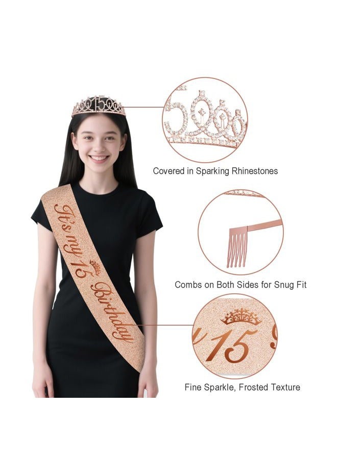 Juesly 15th Birthday Decorations for Girls,32PCS 15th Birthday Party Decorations,Including Backdrop, Crown, Sash, banner, Hanging Swirl,Cake Topper,balloons,Paper Fans and Anniversary Card - Image 3