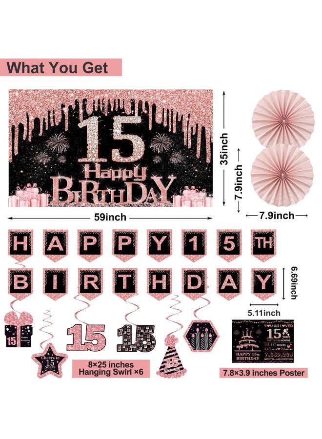 Juesly 15th Birthday Decorations for Girls,32PCS 15th Birthday Party Decorations,Including Backdrop, Crown, Sash, banner, Hanging Swirl,Cake Topper,balloons,Paper Fans and Anniversary Card - Image 2