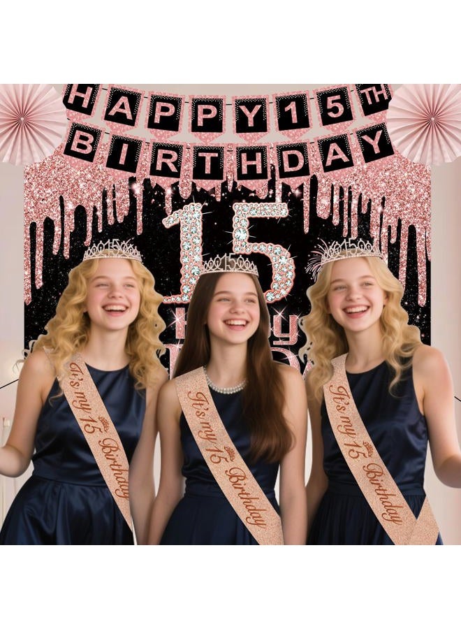 Juesly 15th Birthday Decorations for Girls,32PCS 15th Birthday Party Decorations,Including Backdrop, Crown, Sash, banner, Hanging Swirl,Cake Topper,balloons,Paper Fans and Anniversary Card - Image 5