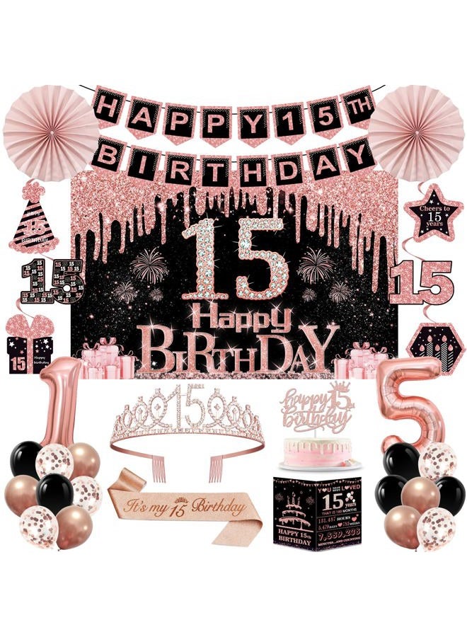 Juesly 15th Birthday Decorations for Girls,32PCS 15th Birthday Party Decorations,Including Backdrop, Crown, Sash, banner, Hanging Swirl,Cake Topper,balloons,Paper Fans and Anniversary Card - Image 1