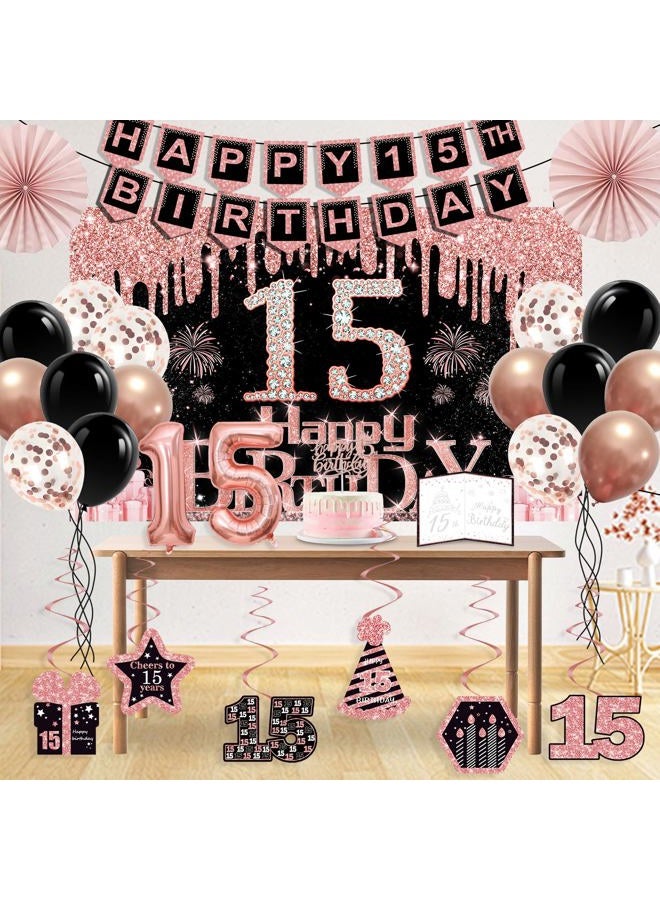Juesly 15th Birthday Decorations for Girls,32PCS 15th Birthday Party Decorations,Including Backdrop, Crown, Sash, banner, Hanging Swirl,Cake Topper,balloons,Paper Fans and Anniversary Card - Image 4