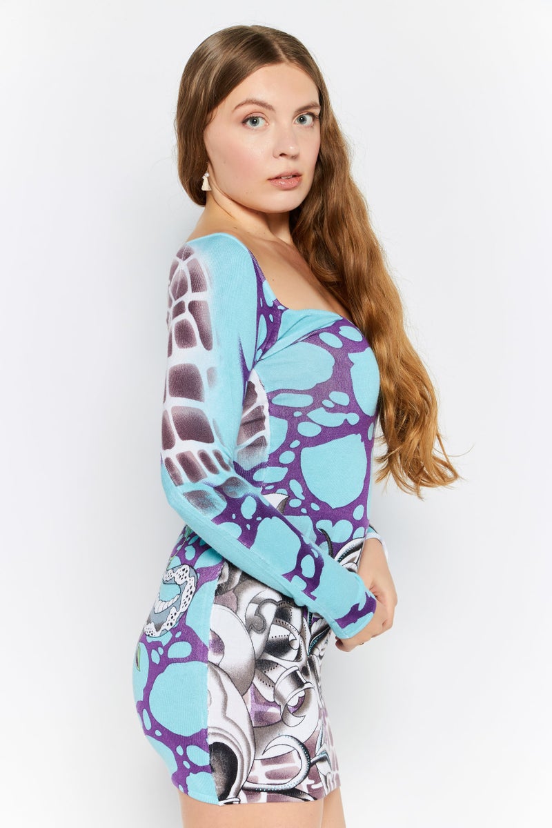 CHRISTIAN AUDIGIER فستان ميني بطباعة شاملة للنساء، أزرق سماوي - Image 4