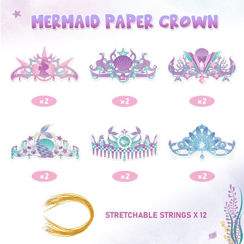 WERNNSAI Mermaid Party Crowns - 12 Pcs Birthday Party Hats Glitter Crowns for Kids Girls Princess Paper Crown for Mermaid Birthday Party Supplies - Image 2