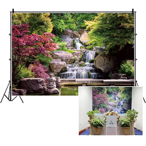 DORCEV 6x4ft Japan Garden Landscape Backdrop Retro Style Park View Photography Background Waterfall Maple Trees Bridge Kyoto Garden Travel Children Adult Portrait Photo Studio Props Wallpaper - Image 1