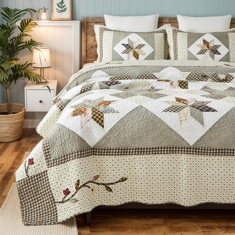 Brandream Brandream Queen Size Luxury Patchwork Quilts Premium Cotton Farmhouse Quilted Bedspread Vintage Quilt Set 