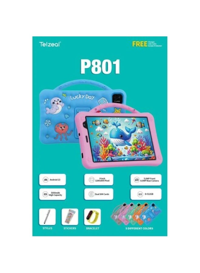 Telzeal P801 Kids Tablet 8-Inch Android 13, 8GB RAM 512GB ROM, Dual SIM, 5000mAh Battery, Dual Camera, WiFi, Bluetooth, Stylus & Protective Case â€“ Pink - Image 2