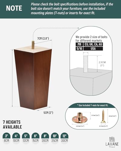 La Vane 5 inch Solid Wood Furniture Legs Set of 4 – Square Pyramid Walnut Replacement Feet for Couch, Sofa, DIY Repair & Restoration with Pre-Drilled 5/16'' Bolt & Hardware, Mid-Century Modern Style - Image 5