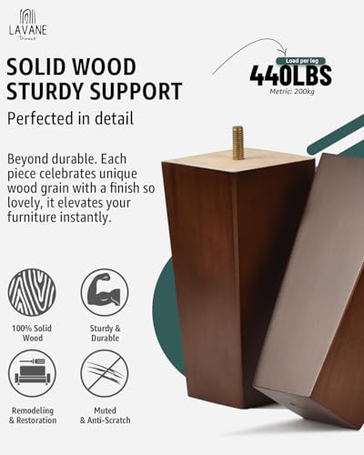 La Vane 5 inch Solid Wood Furniture Legs Set of 4 – Square Pyramid Walnut Replacement Feet for Couch, Sofa, DIY Repair & Restoration with Pre-Drilled 5/16'' Bolt & Hardware, Mid-Century Modern Style - Image 3