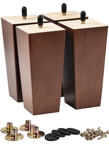 La Vane 5 inch Solid Wood Furniture Legs Set of 4 – Square Pyramid Walnut Replacement Feet for Couch, Sofa, DIY Repair & Restoration with Pre-Drilled 5/16'' Bolt & Hardware, Mid-Century Modern Style - Image 1