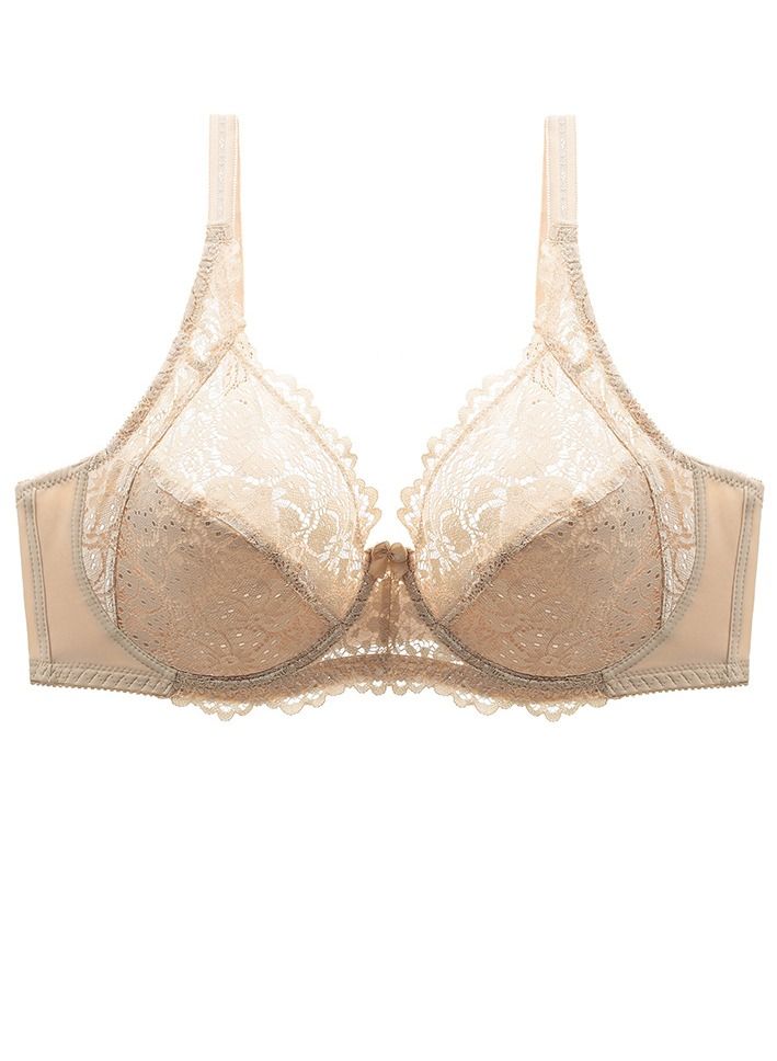 Loquat Solid Color Lace Ultra Thin E F Cup Bra Women's Underwear Beige 