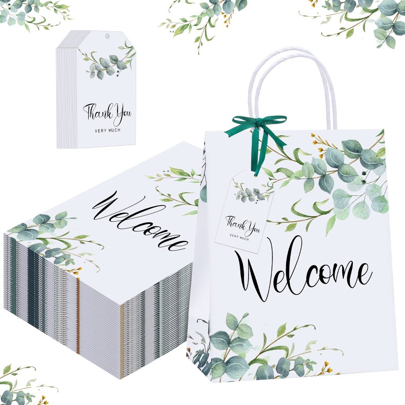 Queekay 36 Pcs Wedding Gift Bags Large Wedding Welcome Bags with 36 Gift Tags Party Favor Bridal Burlap with Handles for Guests Birthday Baby Shower Party Favors Eucalyptus Leaf