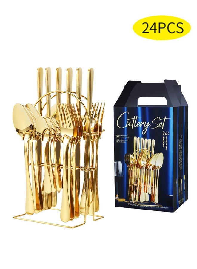 24 قطعة مجموعة مع عقد الوقوف، الفولاذ المقاوم للصدأ أدوات المطبخ مجموعة أدوات بما في ذلك سكين لحم اللحم / شوكة / ملعقة الذهب - Image 1