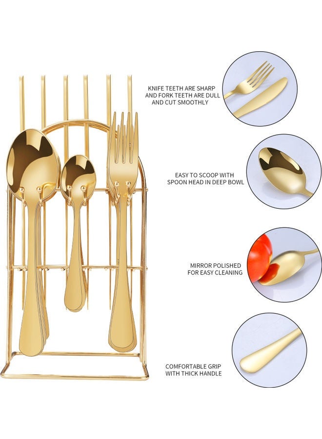 24 قطعة مجموعة مع عقد الوقوف، الفولاذ المقاوم للصدأ أدوات المطبخ مجموعة أدوات بما في ذلك سكين لحم اللحم / شوكة / ملعقة الذهب - Image 3
