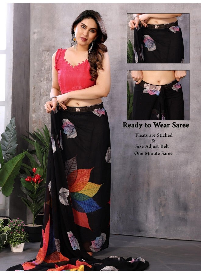 Women's Printed Georgette Ready To Wear One Minute Saree With Unstitched Blouse Piece (B-RTW Paan Black_Black_Free Size)  - Image 2