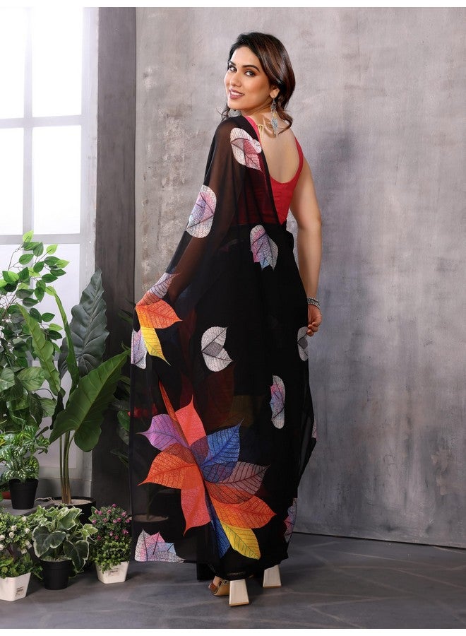 Women's Printed Georgette Ready To Wear One Minute Saree With Unstitched Blouse Piece (B-RTW Paan Black_Black_Free Size)  - Image 5