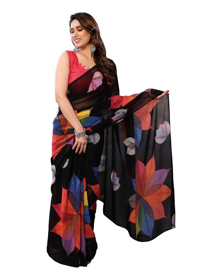 Women's Printed Georgette Ready To Wear One Minute Saree With Unstitched Blouse Piece (B-RTW Paan Black_Black_Free Size)  - Image 1