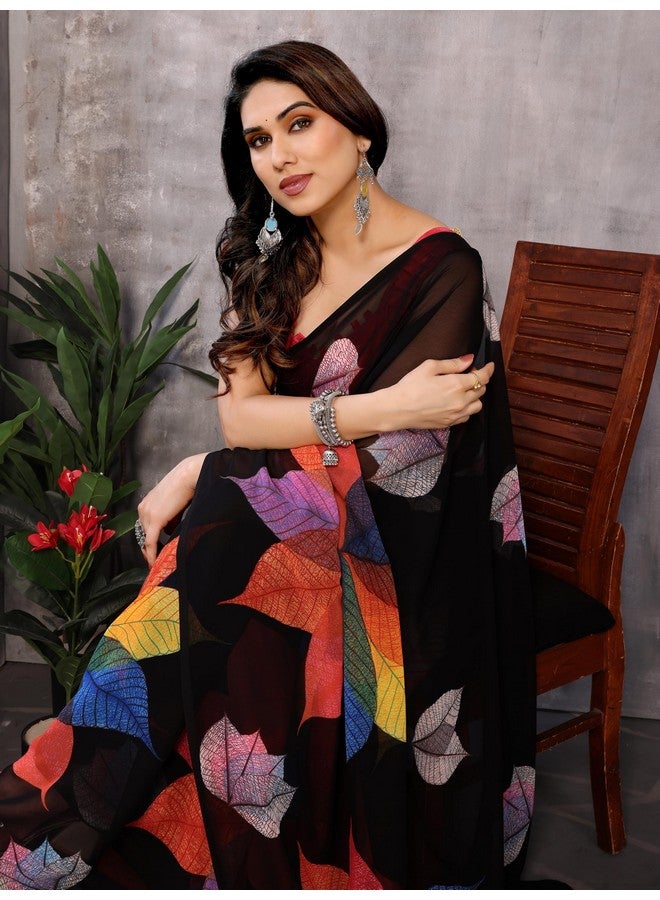 Women's Printed Georgette Ready To Wear One Minute Saree With Unstitched Blouse Piece (B-RTW Paan Black_Black_Free Size)  - Image 3