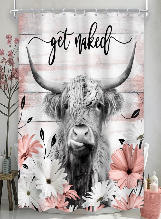 Cinbloo Rustic Highland Cow Shower Curtain 60Wx72H Western Country Bull Funny Cattle Wooden Flower Pink Bathroom Curtain Set Farmhouse Floral Daisy Bath Curtain Fabric Bathroom Decor with 12 Hooks - Image 1