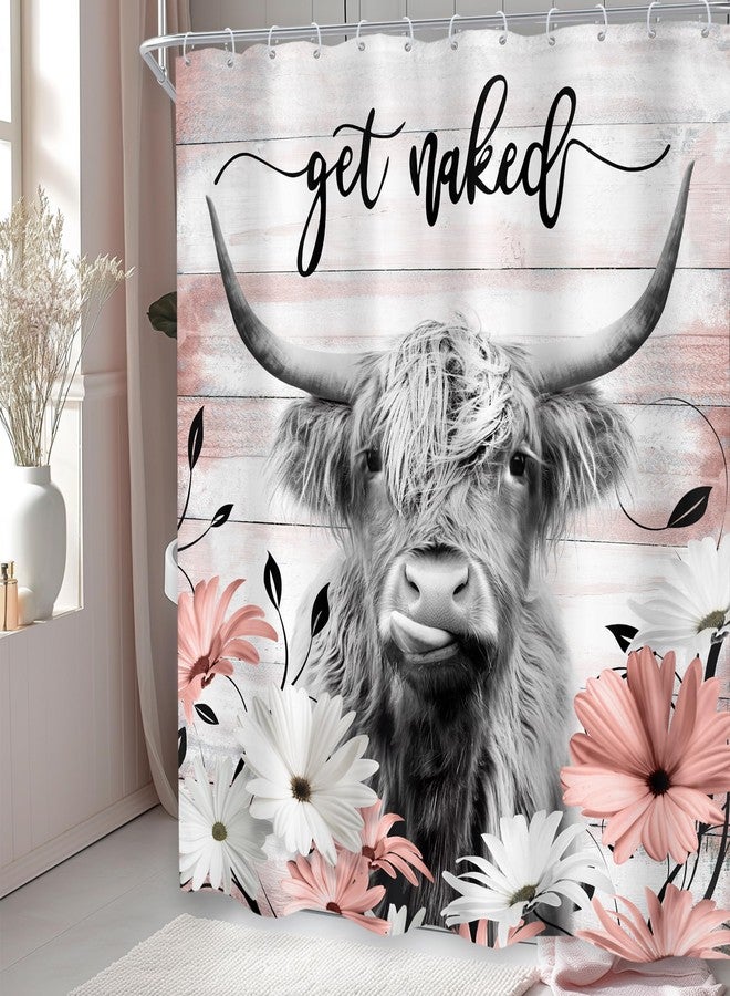 Cinbloo Rustic Highland Cow Shower Curtain 60Wx72H Western Country Bull Funny Cattle Wooden Flower Pink Bathroom Curtain Set Farmhouse Floral Daisy Bath Curtain Fabric Bathroom Decor with 12 Hooks - Image 3