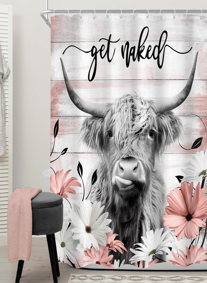 Cinbloo Rustic Highland Cow Shower Curtain 60Wx72H Western Country Bull Funny Cattle Wooden Flower Pink Bathroom Curtain Set Farmhouse Floral Daisy Bath Curtain Fabric Bathroom Decor with 12 Hooks - Image 2
