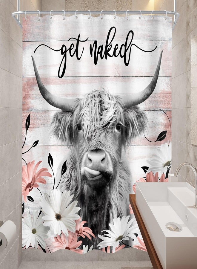 Cinbloo Rustic Highland Cow Shower Curtain 60Wx72H Western Country Bull Funny Cattle Wooden Flower Pink Bathroom Curtain Set Farmhouse Floral Daisy Bath Curtain Fabric Bathroom Decor with 12 Hooks - Image 4