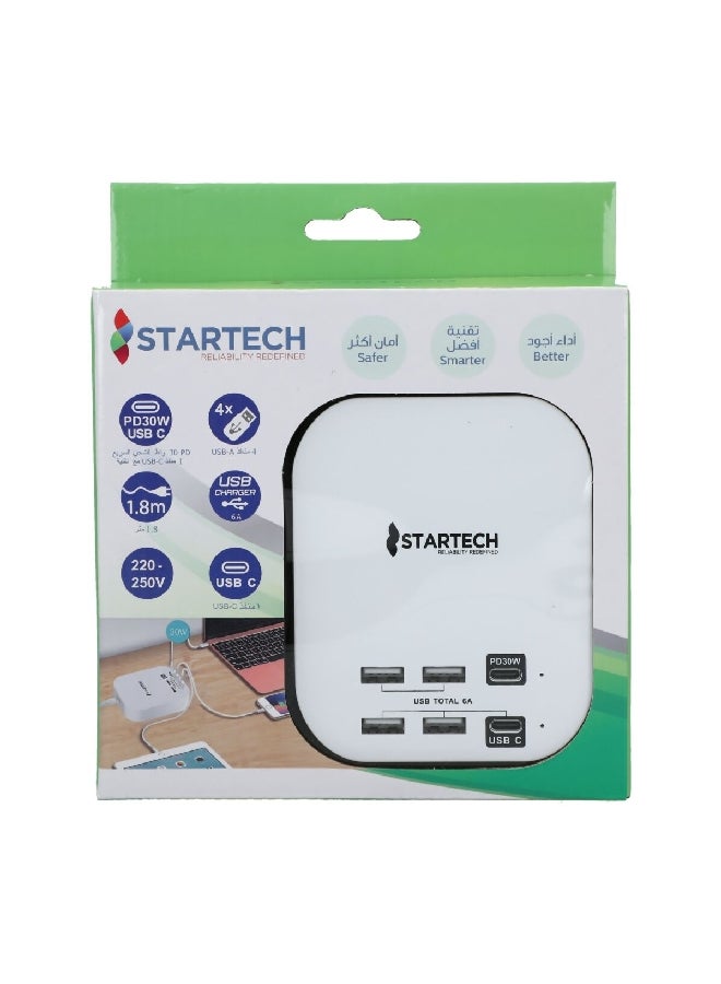 StarTech 30W Durable High Quality Speedy and Safe Charging Multiple USB Port Hub White 15.6 x 5.4 x 18 cm PS-UK4U2C - Image 3