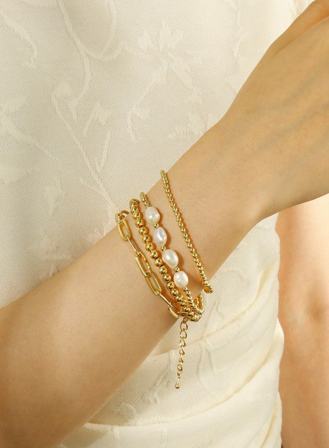 Badu Gold Bracelets for Women Natural pearls Multiple Layered Stackable Wrap Beaded Bangle Set Paperclip Chain Trendy Jewelry - Image 3