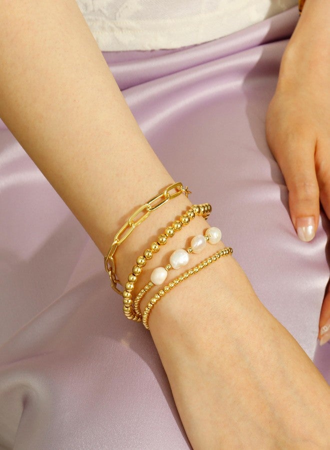 Badu Gold Bracelets for Women Natural pearls Multiple Layered Stackable Wrap Beaded Bangle Set Paperclip Chain Trendy Jewelry - Image 5