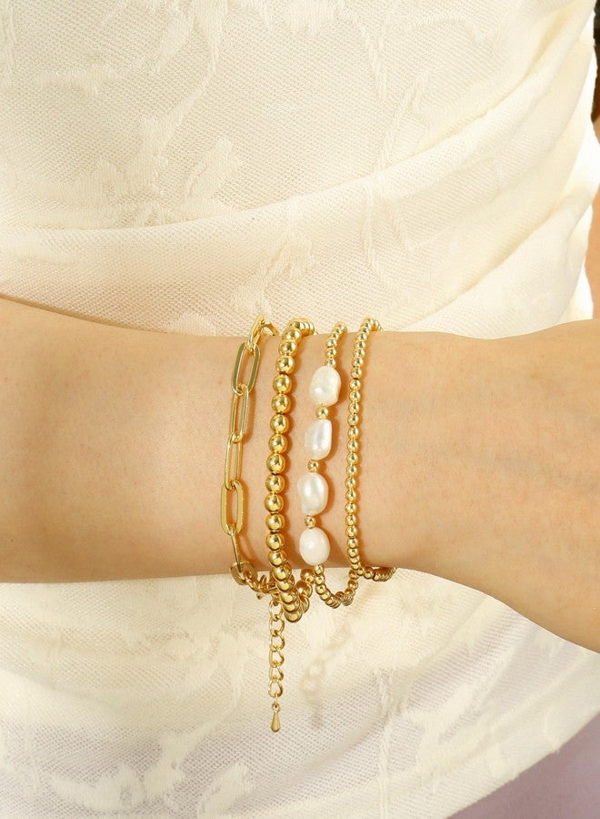 Badu Gold Bracelets for Women Natural pearls Multiple Layered Stackable Wrap Beaded Bangle Set Paperclip Chain Trendy Jewelry - Image 4