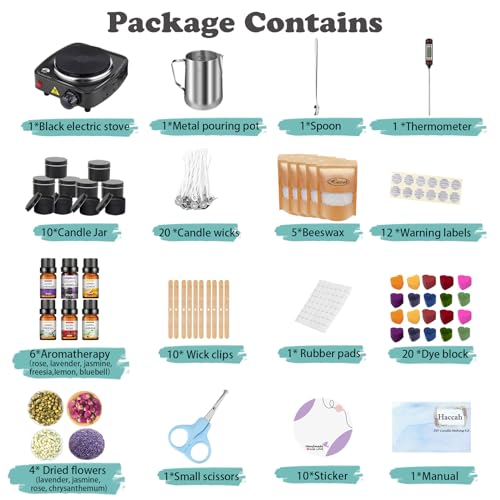 Haccah Complete Candle Making Kit with Wax Melter, Making Supplies,DIY Arts&Crafts Gift for Kids,Beginners,Adults,Including 500w Electronic Stove,Wicks,Rich Scents,Dyes,Melting Pot,Candle tins - Image 4