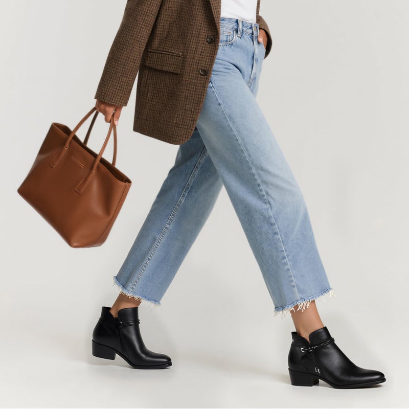 QIY Ankle Boots for Women Low Heel Black Booties Flat Chunky Heel Boots Round Toe Faux Leather Short Heeled Ladies Dress Fall Boot for Women 2025 Size 6 - Image 3