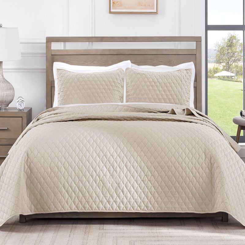 Exclusivo Mezcla Reversible California King Size Quilt Bedding Set with Pillow Shams Lightweight Quilts Cal King Size Soft Bedspreads Bed Coverlets for All Seasons Brich Beige 112x104 - Image 2