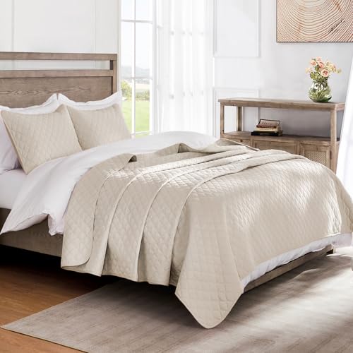 Exclusivo Mezcla Reversible California King Size Quilt Bedding Set with Pillow Shams Lightweight Quilts Cal King Size Soft Bedspreads Bed Coverlets for All Seasons Brich Beige 112x104 - Image 3