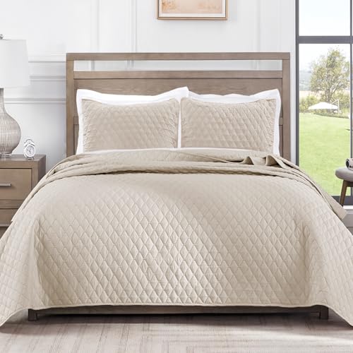 Exclusivo Mezcla Reversible California King Size Quilt Bedding Set with Pillow Shams Lightweight Quilts Cal King Size Soft Bedspreads Bed Coverlets for All Seasons Brich Beige 112x104 - Image 1