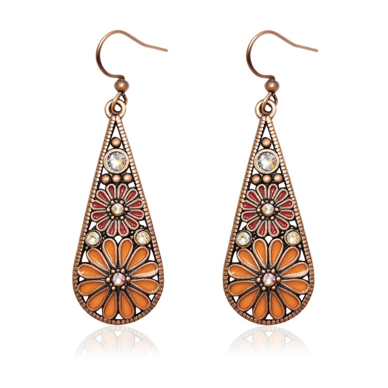 CZMZHFC Bohemian Crystal Teardrop Pendant Earring,Vintage Olive Green Hollow Out Flower Floral Dangle Earrings,National Style Geometry Enamel Flower Hook Earrings,Handmade Ethnic Statement Jewelry for Women (Brown Orange) - Image 1