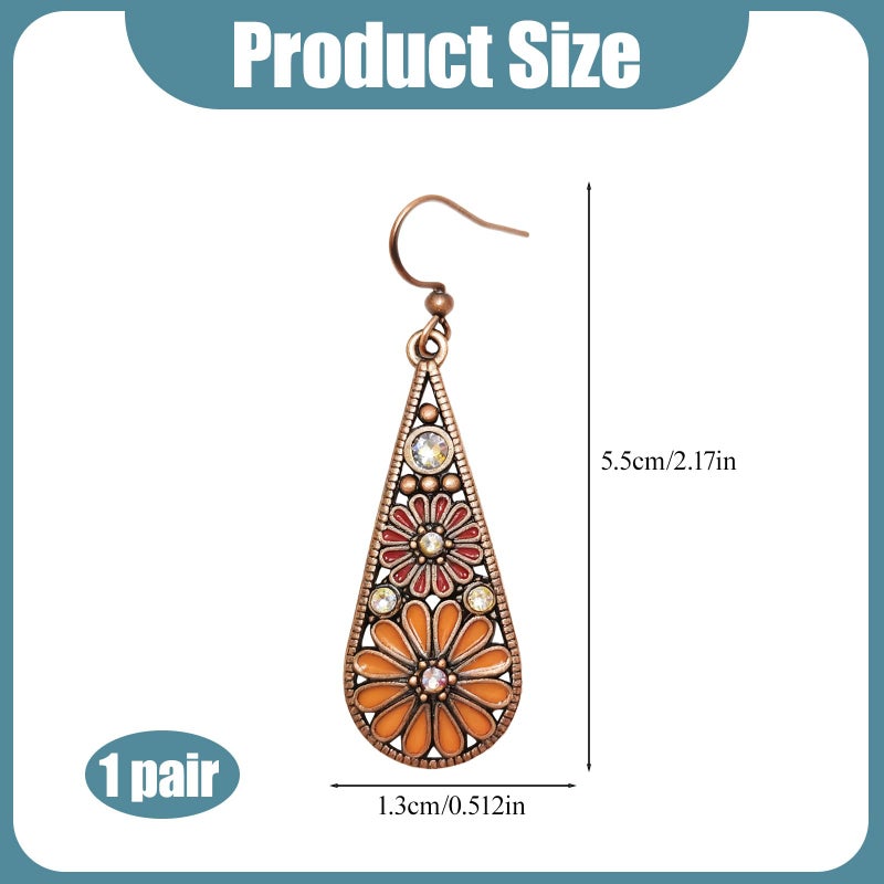 CZMZHFC Bohemian Crystal Teardrop Pendant Earring,Vintage Olive Green Hollow Out Flower Floral Dangle Earrings,National Style Geometry Enamel Flower Hook Earrings,Handmade Ethnic Statement Jewelry for Women (Brown Orange) - Image 2