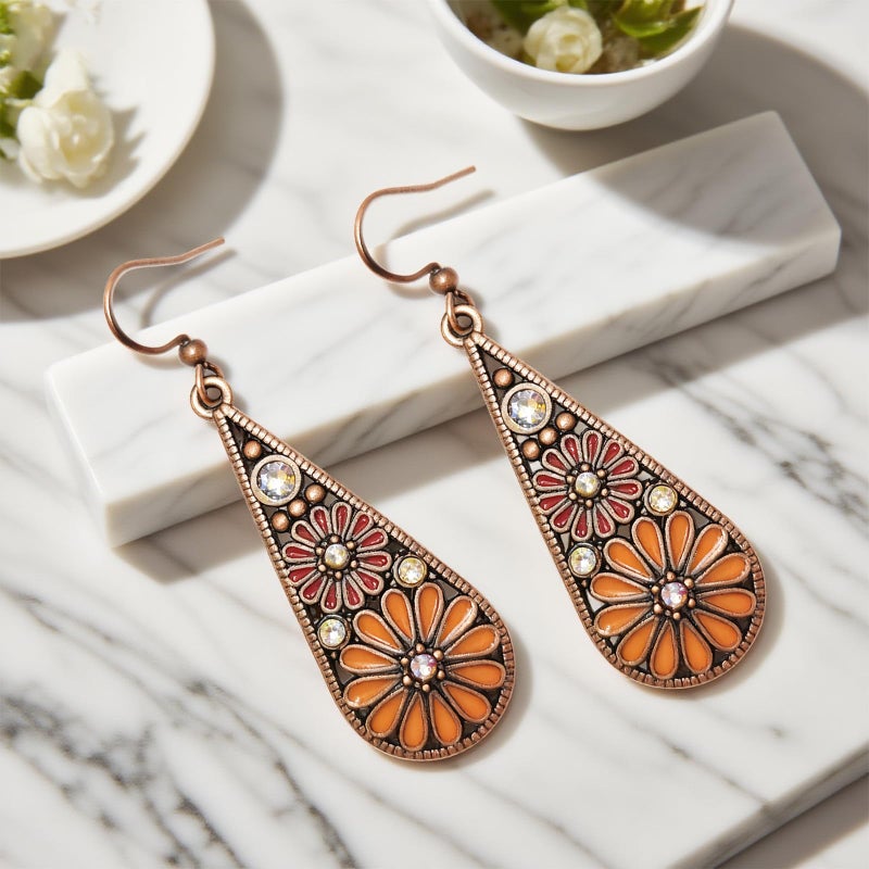 CZMZHFC Bohemian Crystal Teardrop Pendant Earring,Vintage Olive Green Hollow Out Flower Floral Dangle Earrings,National Style Geometry Enamel Flower Hook Earrings,Handmade Ethnic Statement Jewelry for Women (Brown Orange) - Image 3
