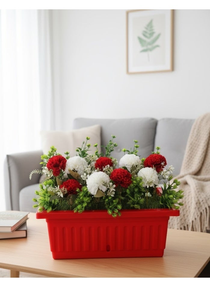 Artificial flower pot with a bouquet of roses and green leaves, a plastic pot for home decor, available in multiple colors.