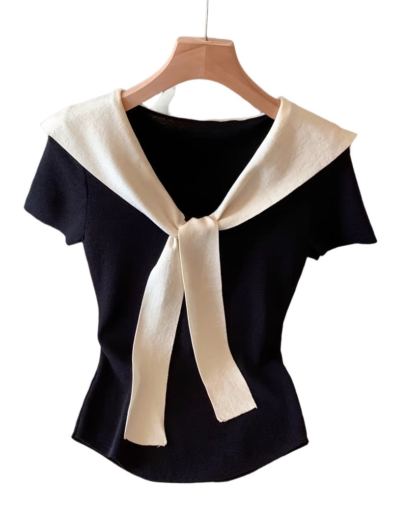 European and American Spring\u002FSummer Women's Fashion Color - Block 2 - in - 1 Look V - Neck Slim - Fit Crop Top with Tie - Black / S - Image 1