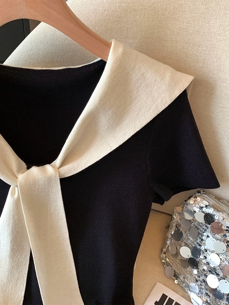 European and American Spring\u002FSummer Women's Fashion Color - Block 2 - in - 1 Look V - Neck Slim - Fit Crop Top with Tie - Black / S - Image 3