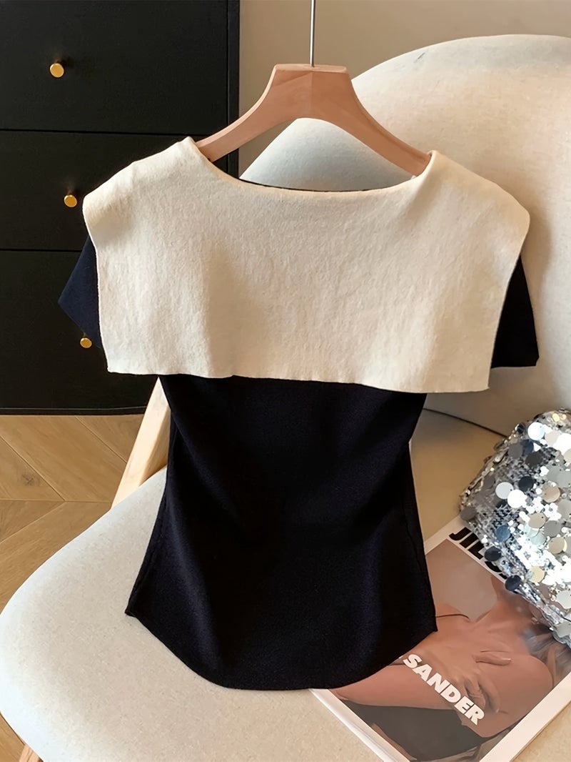 European and American Spring\u002FSummer Women's Fashion Color - Block 2 - in - 1 Look V - Neck Slim - Fit Crop Top with Tie - Black / S - Image 2