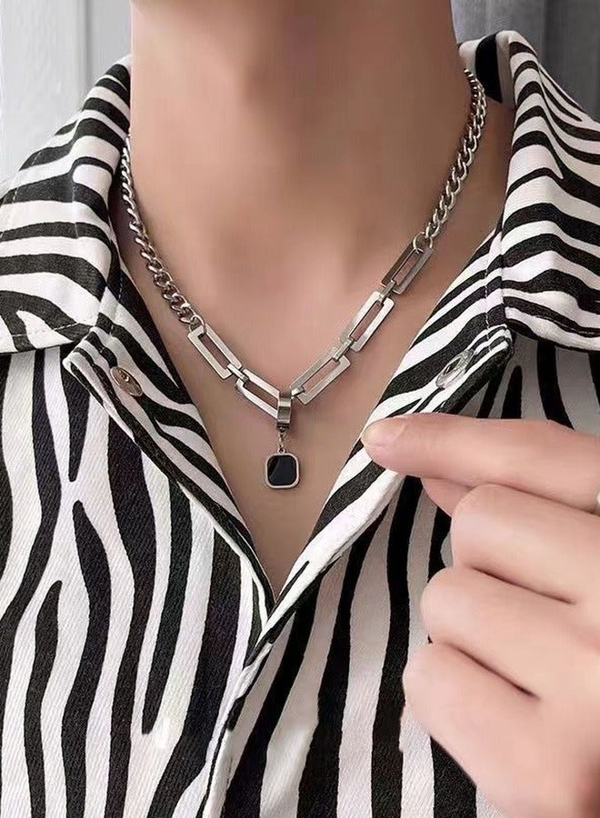 Trendy Cuban Chain Necklace For Men/Boy, Dual Use Detachable Earnail Pendant Splicing Titanium Steel Lock Chain,Non-Tarnish Silver Tone Rope Chain for Everyday Fashion | Eid Gifts, Jewelry Gift (55cm) - Image 2