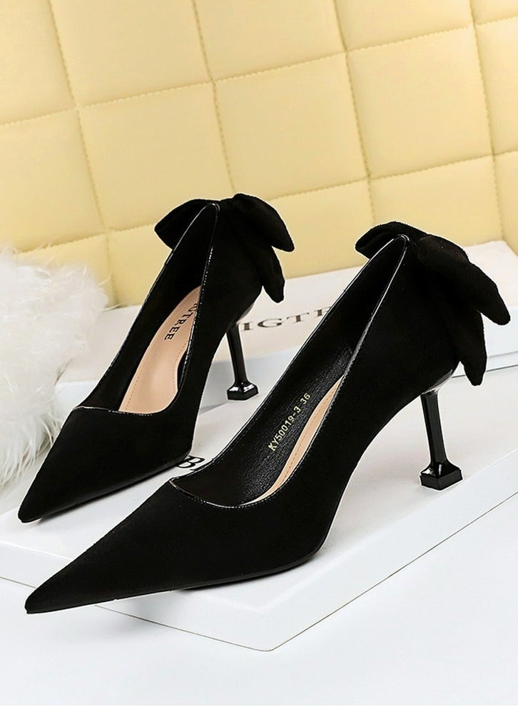 BIGTREE Women's Elegant Velour Stiletto Pumps With Bow Knot 8 CM Fashion Gorgeous Closed Pointed Toe Slip On Solid High Heels Black