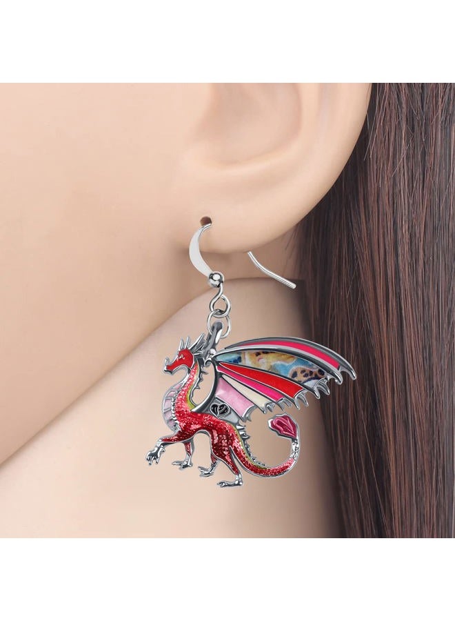 Newei Enamel Alloy Dinosaur Fantasy Dragon Earrings Drop Dangle Unique Animal Jewelry for Women Dragons Gifts (Red) - Image 2